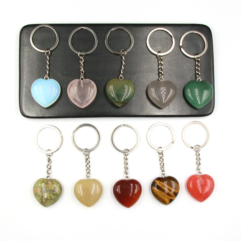 Semi Precious Stone Heart Natural Stone Beads Crystal Fluorite Gold Heart Key Chain Pendant